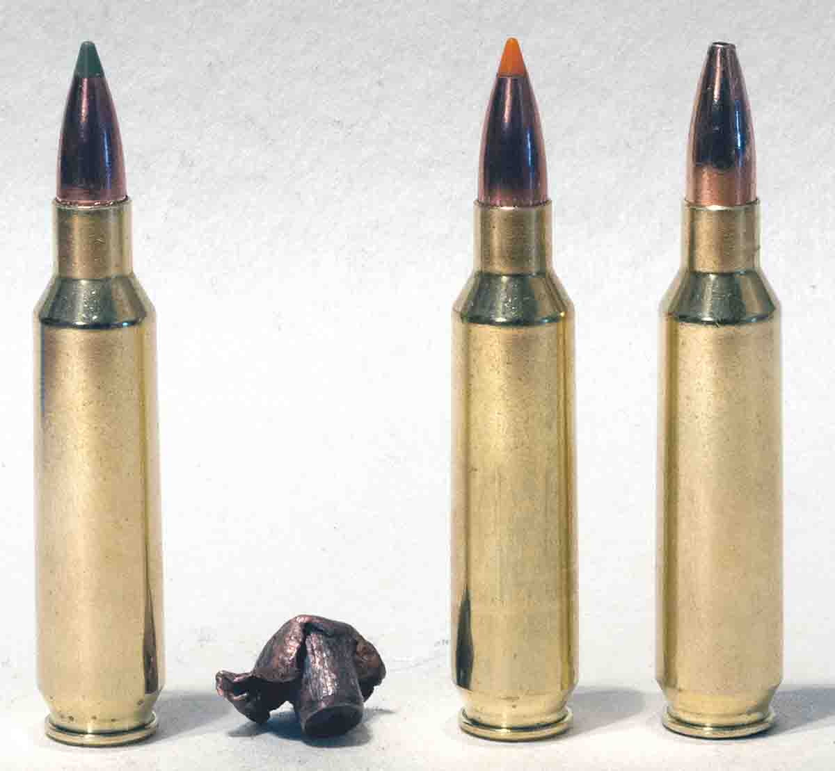 Bullets tried in the Heritage rifle include (left to right): the Nosler 55-grain E-Tip shown with a bullet recovered (47.1 grains) from a pronghorn, a 55-grain Ballistic Tip Varmint boat-tail and a handloaded Barnes 50-grain Varmint Grenade hollowpoint.